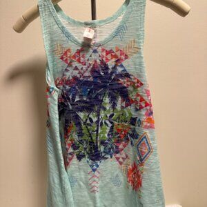 Y2K/Boho No Boundaries Aqua Mint Sheer Knit Tank Top Palm Tree Graphic M
